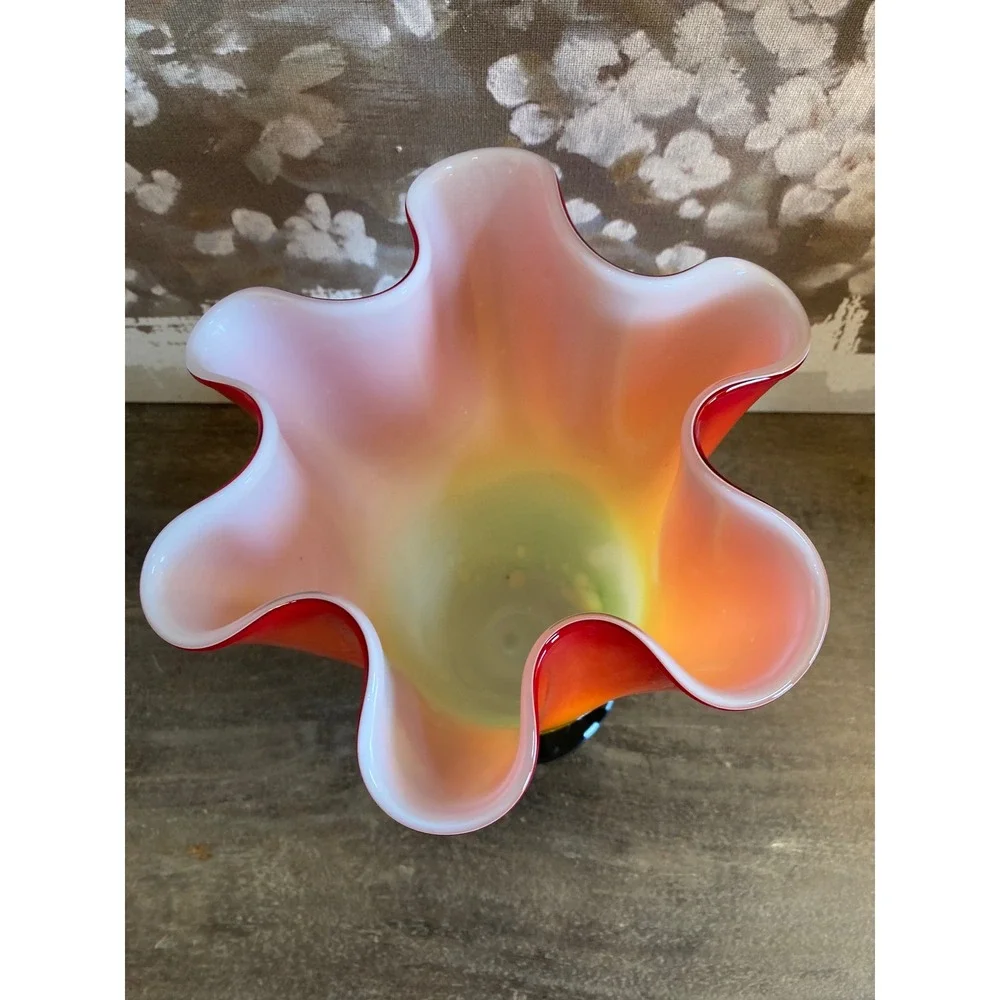 Art Glass Ruffled Handkerchief Vase‎ Rainbow Red Orange Yellow Green 12 Inch MCM